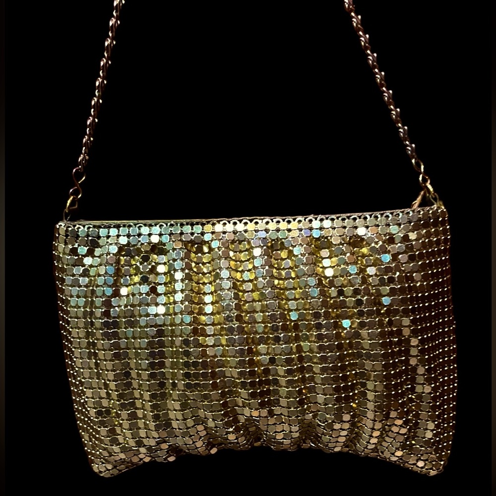 Y&S Gold Polished Metal Slinky Mesh Purse Evening Handbag Shoulder Strap